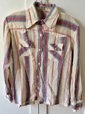 Vintage 1970s India Cotton Gauze Madras Plaid Button Down Western Style Blouse